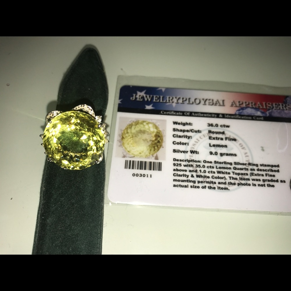 HUGE 36.0 Ct Lemon Quartz Ring 925 Sterling Silver